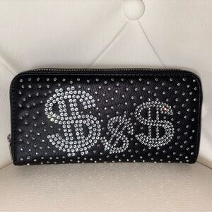 Black Dollar Sign Rhinestone Crystal Accordion Zip Wallet Cards Cash
